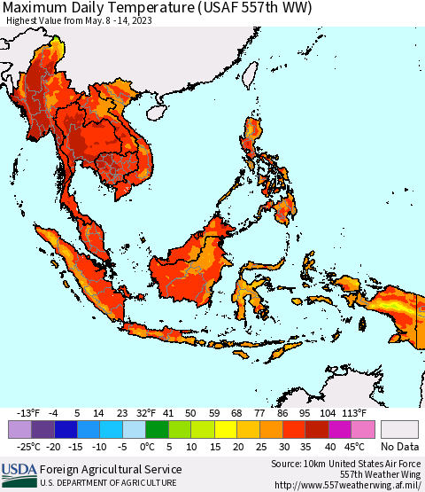 South East Asia Maximum Daily Temperature (USAF 557th WW) Thematic Map For 5/8/2023 - 5/14/2023