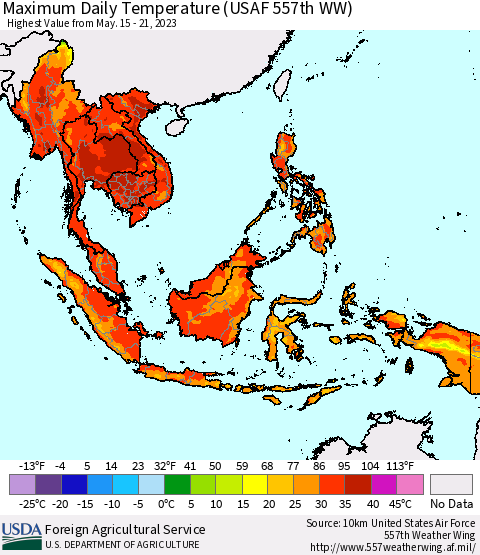 South East Asia Maximum Daily Temperature (USAF 557th WW) Thematic Map For 5/15/2023 - 5/21/2023