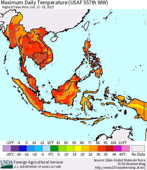 South East Asia Maximum Daily Temperature (USAF 557th WW) Thematic Map For 6/12/2023 - 6/18/2023