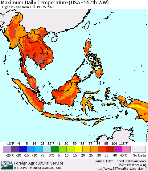 South East Asia Maximum Daily Temperature (USAF 557th WW) Thematic Map For 6/19/2023 - 6/25/2023