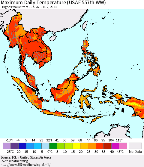 South East Asia Maximum Daily Temperature (USAF 557th WW) Thematic Map For 6/26/2023 - 7/2/2023