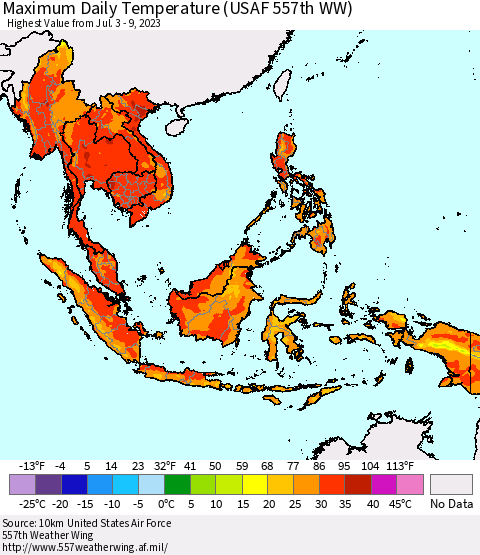 South East Asia Maximum Daily Temperature (USAF 557th WW) Thematic Map For 7/3/2023 - 7/9/2023
