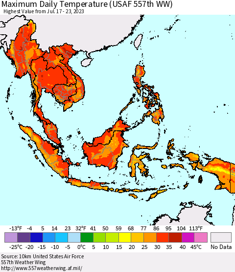 South East Asia Maximum Daily Temperature (USAF 557th WW) Thematic Map For 7/17/2023 - 7/23/2023