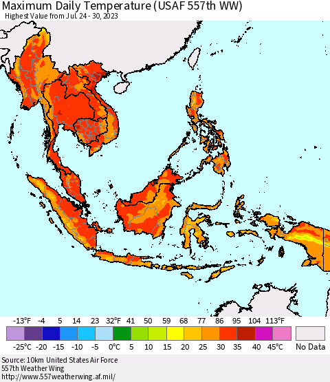 South East Asia Maximum Daily Temperature (USAF 557th WW) Thematic Map For 7/24/2023 - 7/30/2023