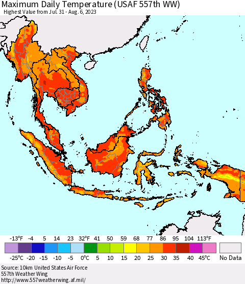 South East Asia Maximum Daily Temperature (USAF 557th WW) Thematic Map For 7/31/2023 - 8/6/2023