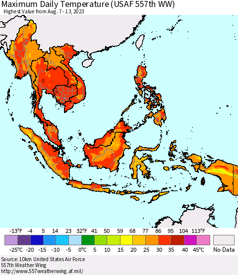 South East Asia Maximum Daily Temperature (USAF 557th WW) Thematic Map For 8/7/2023 - 8/13/2023