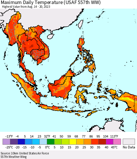 South East Asia Maximum Daily Temperature (USAF 557th WW) Thematic Map For 8/14/2023 - 8/20/2023