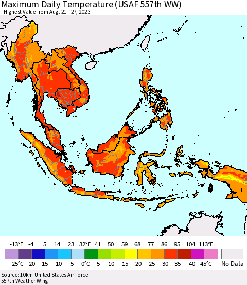 South East Asia Maximum Daily Temperature (USAF 557th WW) Thematic Map For 8/21/2023 - 8/27/2023