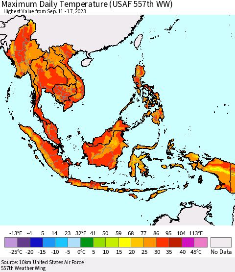 South East Asia Maximum Daily Temperature (USAF 557th WW) Thematic Map For 9/11/2023 - 9/17/2023
