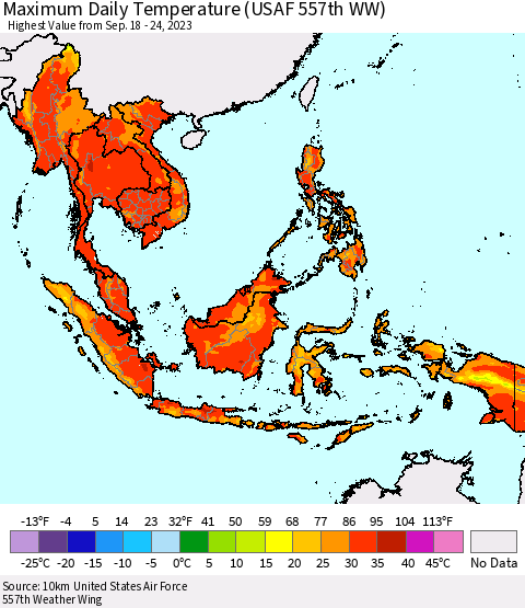 South East Asia Maximum Daily Temperature (USAF 557th WW) Thematic Map For 9/18/2023 - 9/24/2023