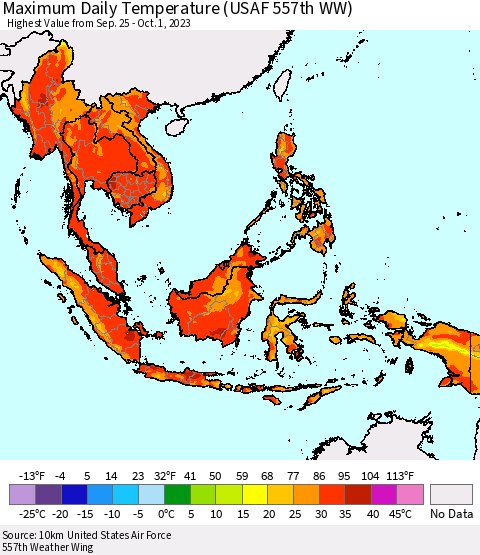 South East Asia Maximum Daily Temperature (USAF 557th WW) Thematic Map For 9/25/2023 - 10/1/2023