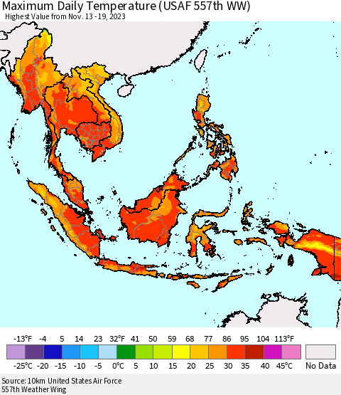 South East Asia Maximum Daily Temperature (USAF 557th WW) Thematic Map For 11/13/2023 - 11/19/2023