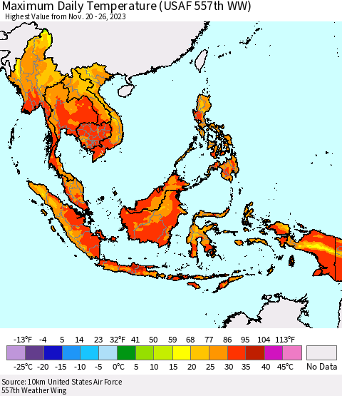 South East Asia Maximum Daily Temperature (USAF 557th WW) Thematic Map For 11/20/2023 - 11/26/2023