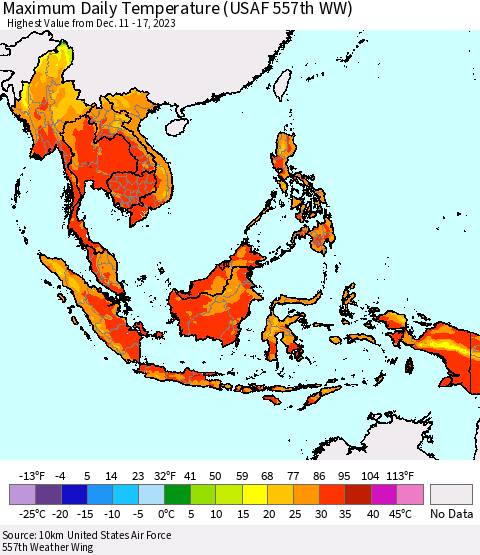 South East Asia Maximum Daily Temperature (USAF 557th WW) Thematic Map For 12/11/2023 - 12/17/2023