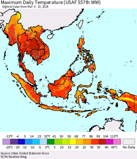 South East Asia Maximum Daily Temperature (USAF 557th WW) Thematic Map For 3/4/2024 - 3/10/2024