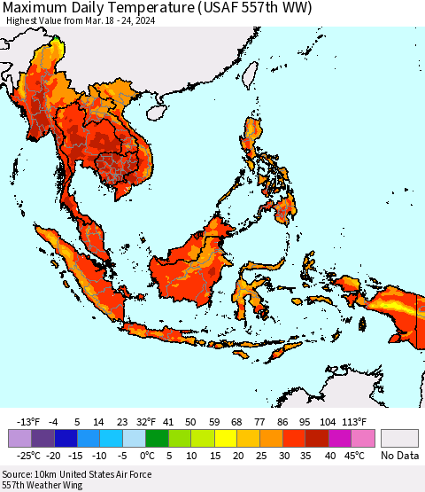 South East Asia Maximum Daily Temperature (USAF 557th WW) Thematic Map For 3/18/2024 - 3/24/2024