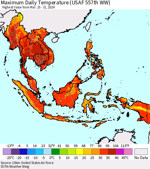 South East Asia Maximum Daily Temperature (USAF 557th WW) Thematic Map For 3/25/2024 - 3/31/2024