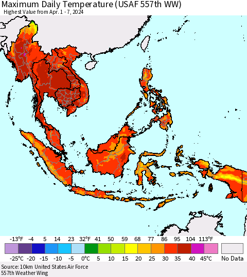 South East Asia Maximum Daily Temperature (USAF 557th WW) Thematic Map For 4/1/2024 - 4/7/2024