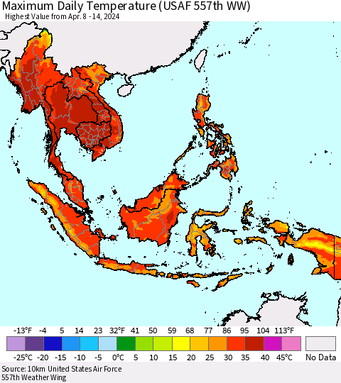 South East Asia Maximum Daily Temperature (USAF 557th WW) Thematic Map For 4/8/2024 - 4/14/2024