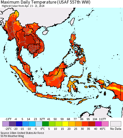 South East Asia Maximum Daily Temperature (USAF 557th WW) Thematic Map For 4/15/2024 - 4/21/2024