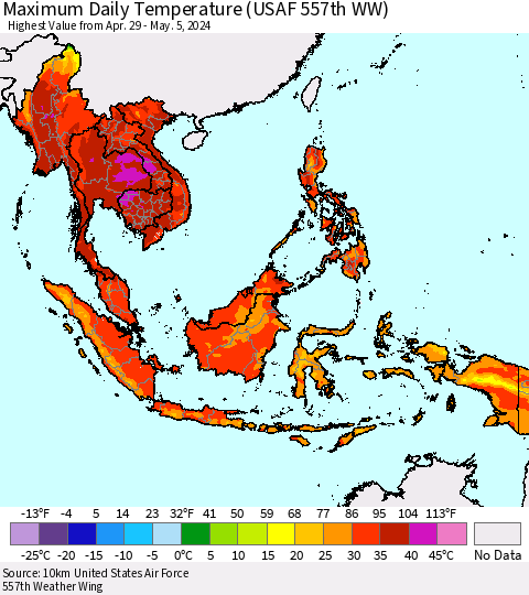 South East Asia Maximum Daily Temperature (USAF 557th WW) Thematic Map For 4/29/2024 - 5/5/2024