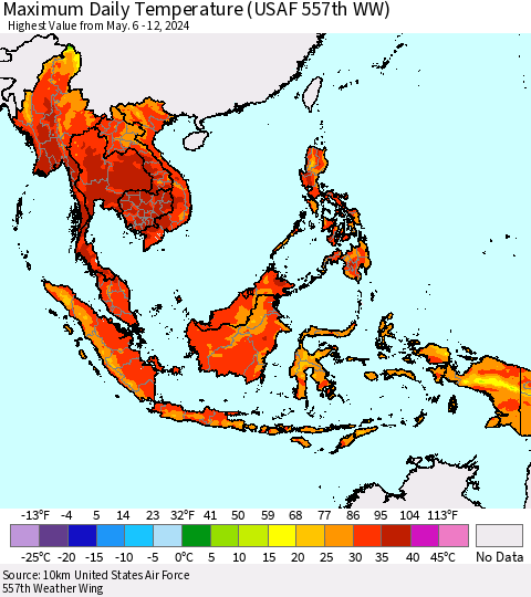 South East Asia Maximum Daily Temperature (USAF 557th WW) Thematic Map For 5/6/2024 - 5/12/2024