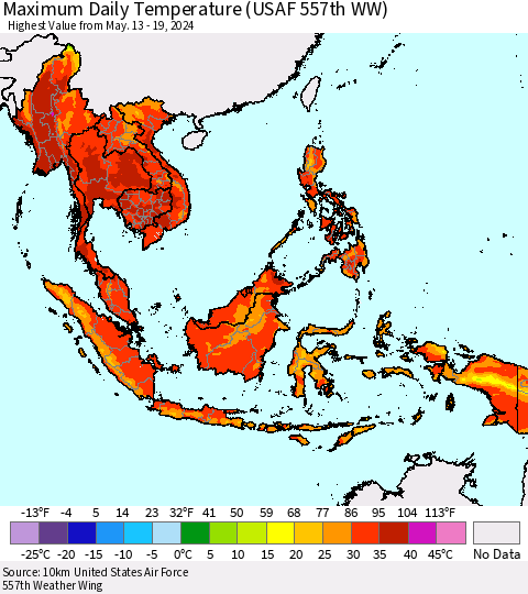 South East Asia Maximum Daily Temperature (USAF 557th WW) Thematic Map For 5/13/2024 - 5/19/2024