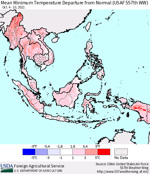 South East Asia Mean Minimum Temperature Departure from Normal (USAF 557th WW) Thematic Map For 10/4/2021 - 10/10/2021