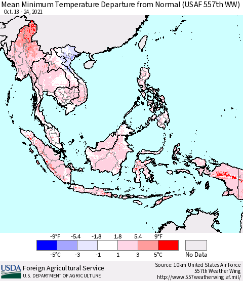 South East Asia Mean Minimum Temperature Departure from Normal (USAF 557th WW) Thematic Map For 10/18/2021 - 10/24/2021