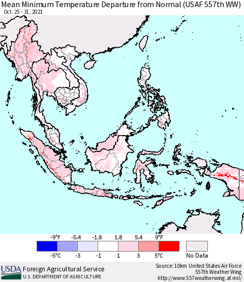 South East Asia Mean Minimum Temperature Departure from Normal (USAF 557th WW) Thematic Map For 10/25/2021 - 10/31/2021
