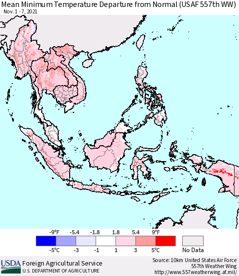 South East Asia Mean Minimum Temperature Departure from Normal (USAF 557th WW) Thematic Map For 11/1/2021 - 11/7/2021