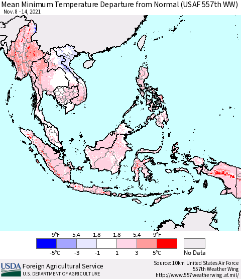 South East Asia Mean Minimum Temperature Departure from Normal (USAF 557th WW) Thematic Map For 11/8/2021 - 11/14/2021