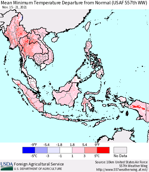 South East Asia Mean Minimum Temperature Departure from Normal (USAF 557th WW) Thematic Map For 11/15/2021 - 11/21/2021