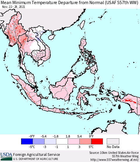 South East Asia Mean Minimum Temperature Departure from Normal (USAF 557th WW) Thematic Map For 11/22/2021 - 11/28/2021