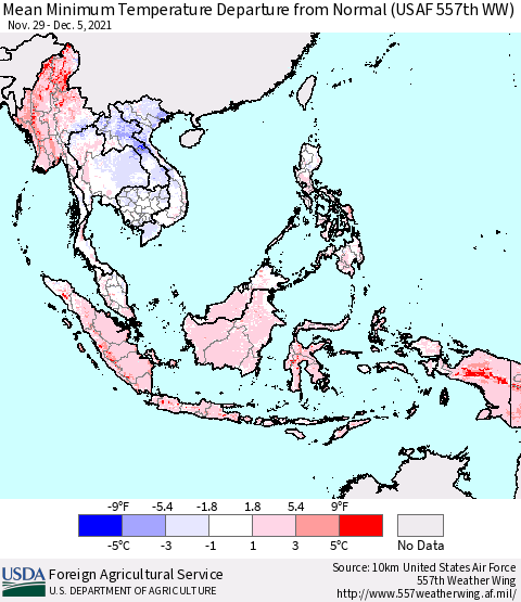 South East Asia Mean Minimum Temperature Departure from Normal (USAF 557th WW) Thematic Map For 11/29/2021 - 12/5/2021