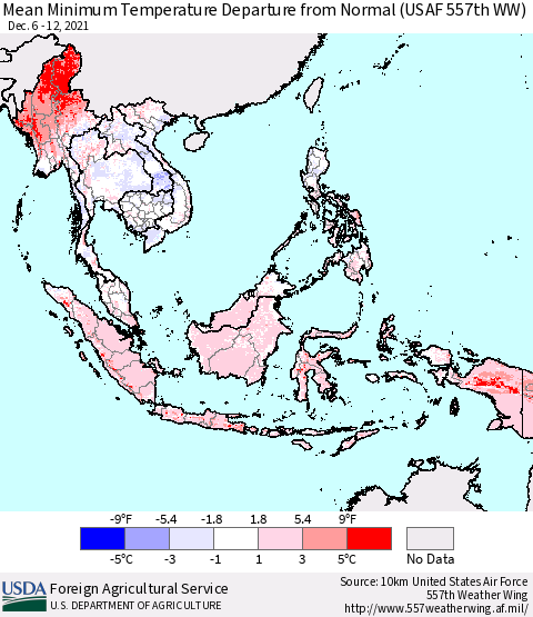 South East Asia Mean Minimum Temperature Departure from Normal (USAF 557th WW) Thematic Map For 12/6/2021 - 12/12/2021