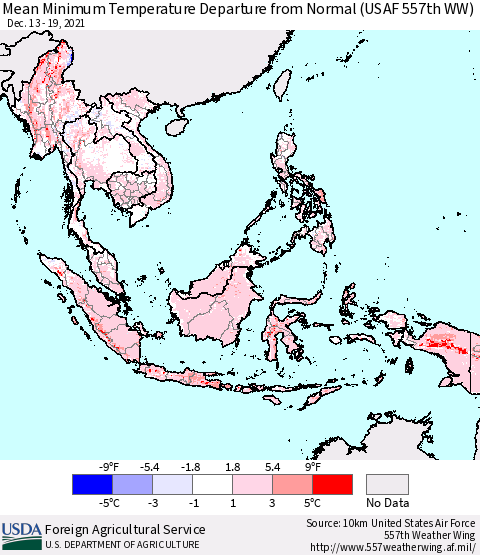 South East Asia Mean Minimum Temperature Departure from Normal (USAF 557th WW) Thematic Map For 12/13/2021 - 12/19/2021