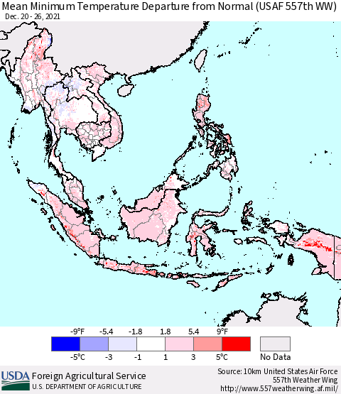 South East Asia Mean Minimum Temperature Departure from Normal (USAF 557th WW) Thematic Map For 12/20/2021 - 12/26/2021