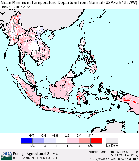 South East Asia Mean Minimum Temperature Departure from Normal (USAF 557th WW) Thematic Map For 12/27/2021 - 1/2/2022