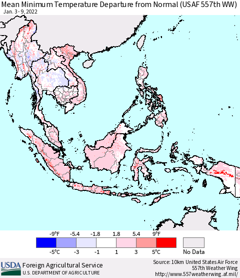 South East Asia Mean Minimum Temperature Departure from Normal (USAF 557th WW) Thematic Map For 1/3/2022 - 1/9/2022