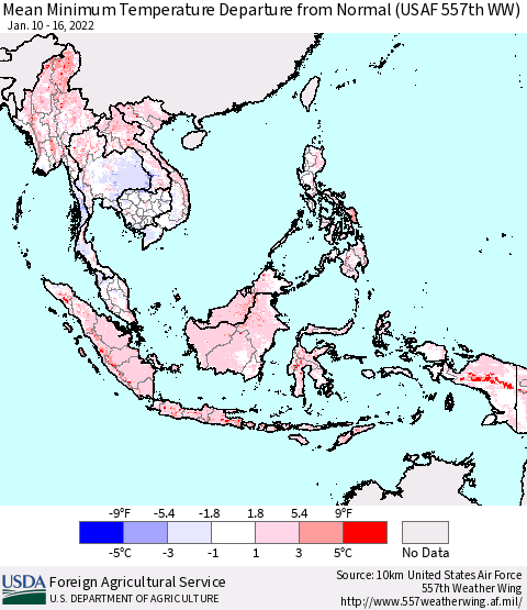 South East Asia Mean Minimum Temperature Departure from Normal (USAF 557th WW) Thematic Map For 1/10/2022 - 1/16/2022