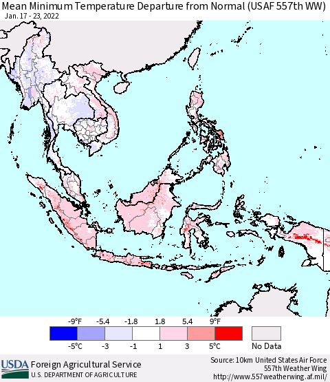 South East Asia Mean Minimum Temperature Departure from Normal (USAF 557th WW) Thematic Map For 1/17/2022 - 1/23/2022
