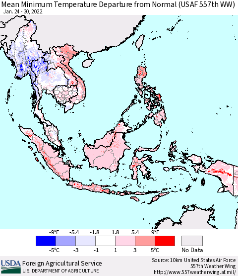 South East Asia Mean Minimum Temperature Departure from Normal (USAF 557th WW) Thematic Map For 1/24/2022 - 1/30/2022