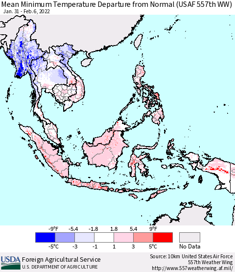 South East Asia Mean Minimum Temperature Departure from Normal (USAF 557th WW) Thematic Map For 1/31/2022 - 2/6/2022