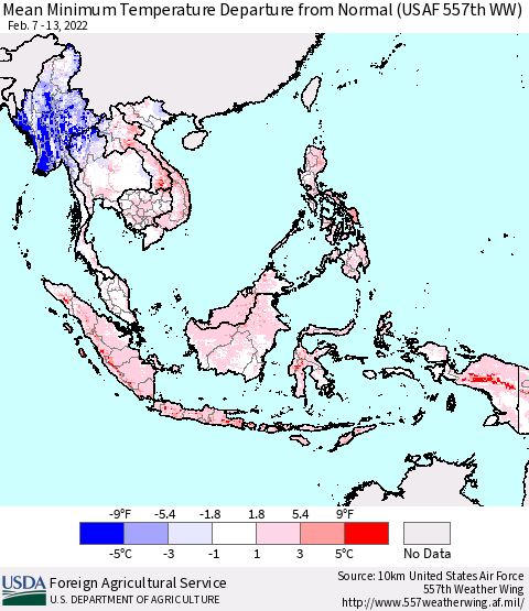 South East Asia Mean Minimum Temperature Departure from Normal (USAF 557th WW) Thematic Map For 2/7/2022 - 2/13/2022