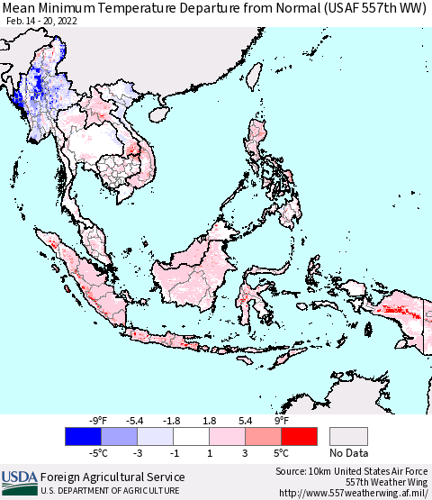 South East Asia Mean Minimum Temperature Departure from Normal (USAF 557th WW) Thematic Map For 2/14/2022 - 2/20/2022