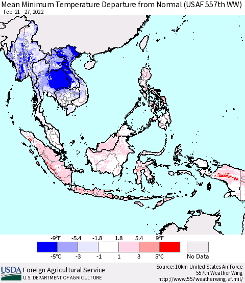 South East Asia Mean Minimum Temperature Departure from Normal (USAF 557th WW) Thematic Map For 2/21/2022 - 2/27/2022