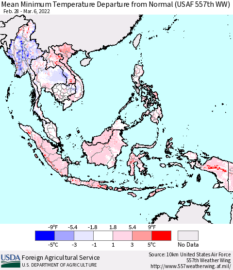 South East Asia Mean Minimum Temperature Departure from Normal (USAF 557th WW) Thematic Map For 2/28/2022 - 3/6/2022