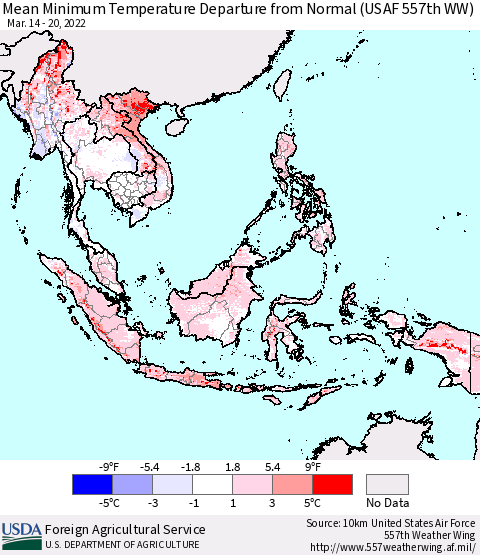 South East Asia Mean Minimum Temperature Departure from Normal (USAF 557th WW) Thematic Map For 3/14/2022 - 3/20/2022