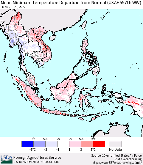 South East Asia Mean Minimum Temperature Departure from Normal (USAF 557th WW) Thematic Map For 3/21/2022 - 3/27/2022